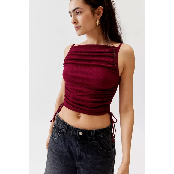 UO Urban Renewal Remnants Textured Side Ruched Tank Top - Maroon NWT - Picture 1 of 5